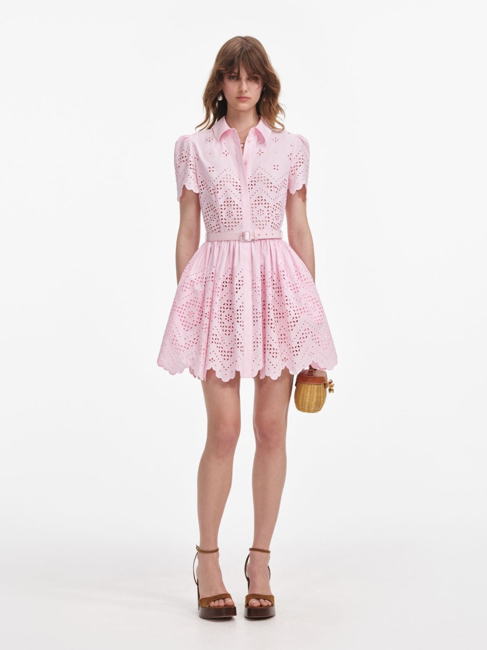 Self-Portrait Light Pink Eyelet Belted Mini Dress